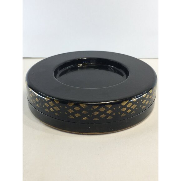 Vintage Japanese Lacquer Jewelry Trinket Box Black Gold Round Lidded 5.5'' - Picture 6 of 11